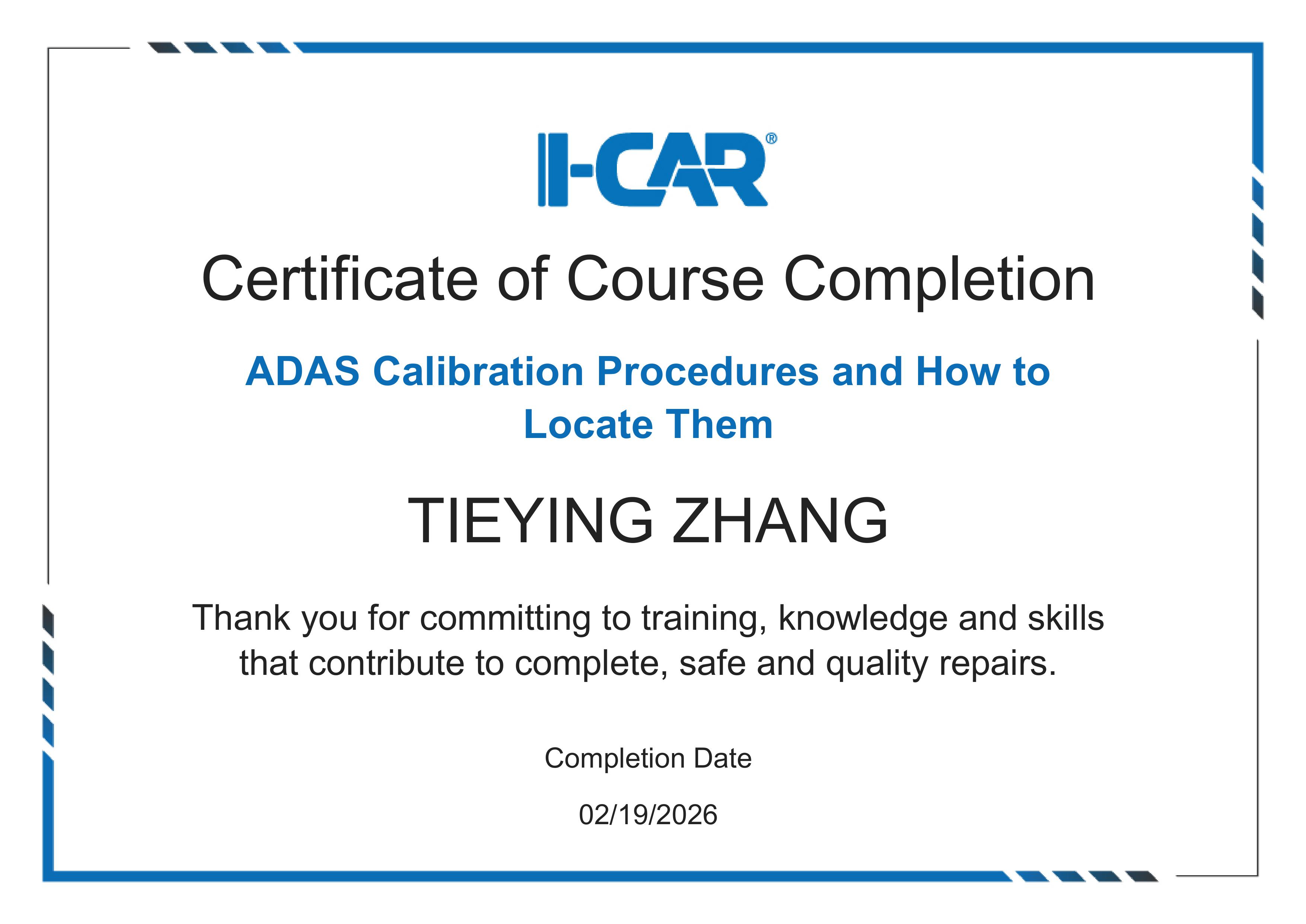 I-CAR certificate: ADAS Calibration Procedures