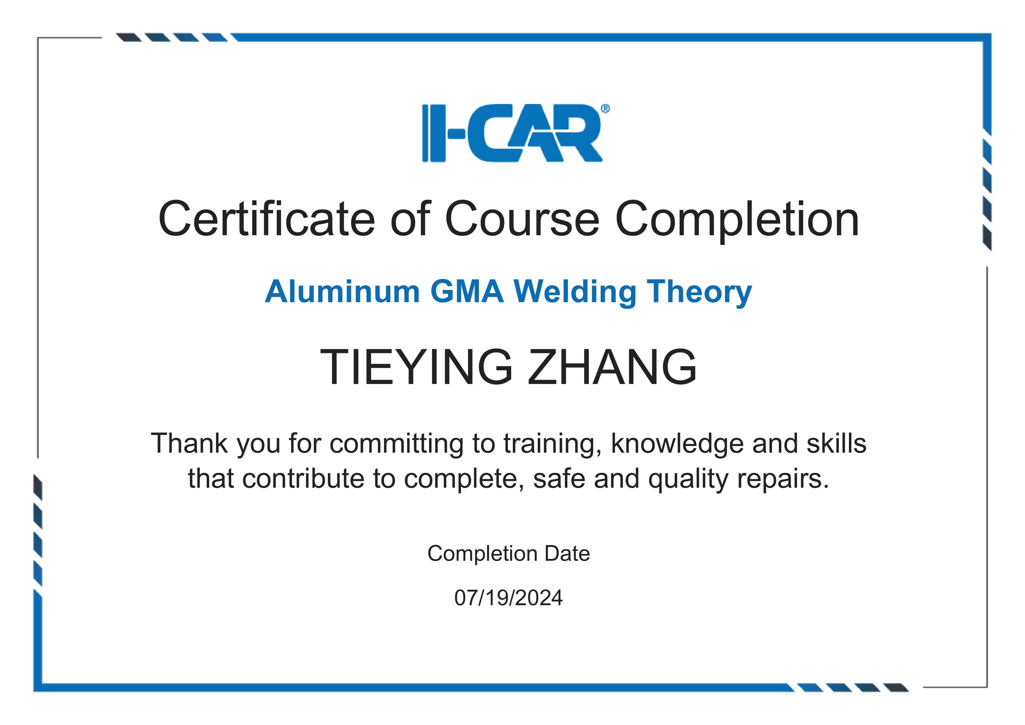 I-CAR certificate: Aluminum GMA Welding Theory