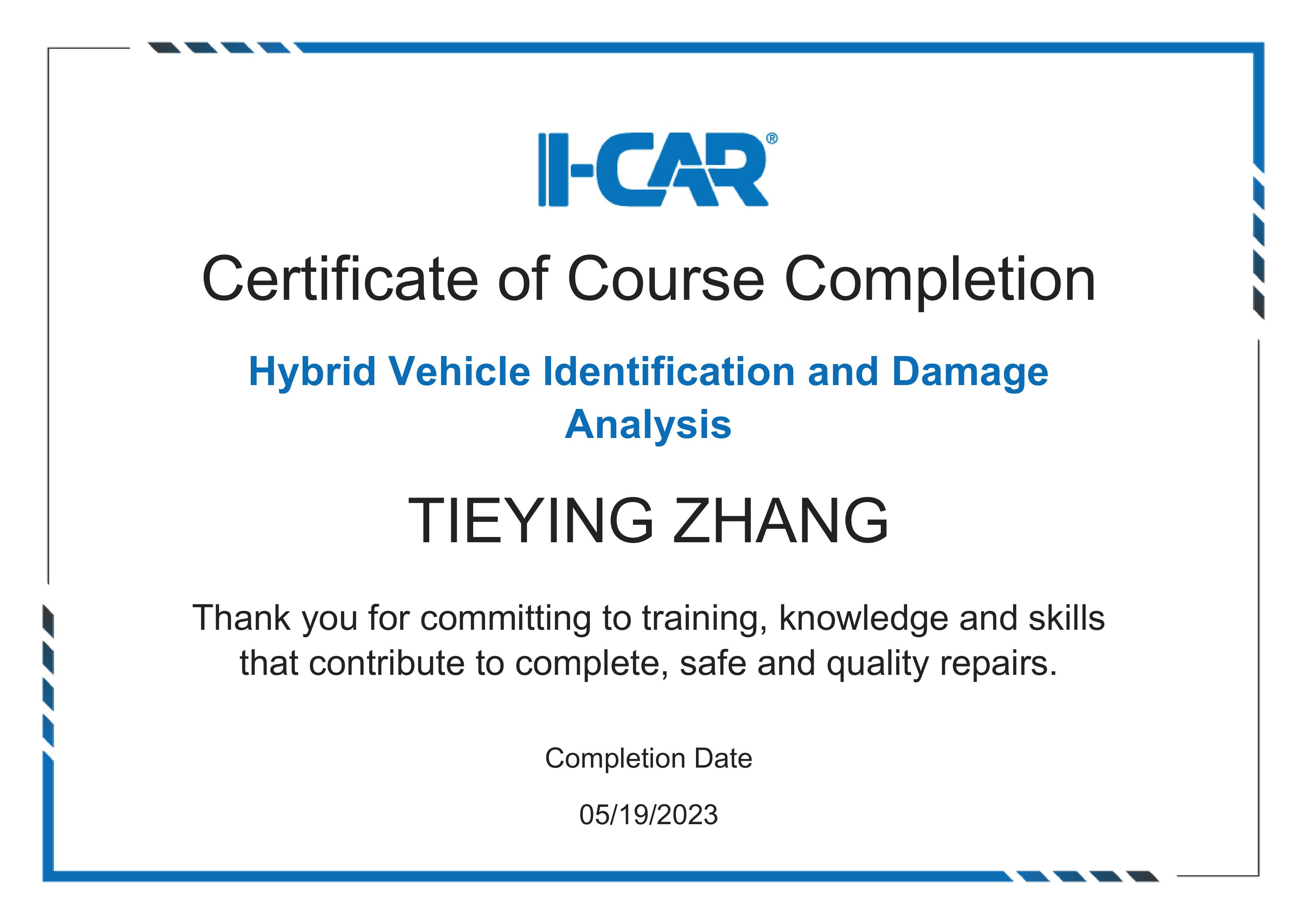 I-CAR certificate: Hybrid Vehicle Identification and Damage Analysis