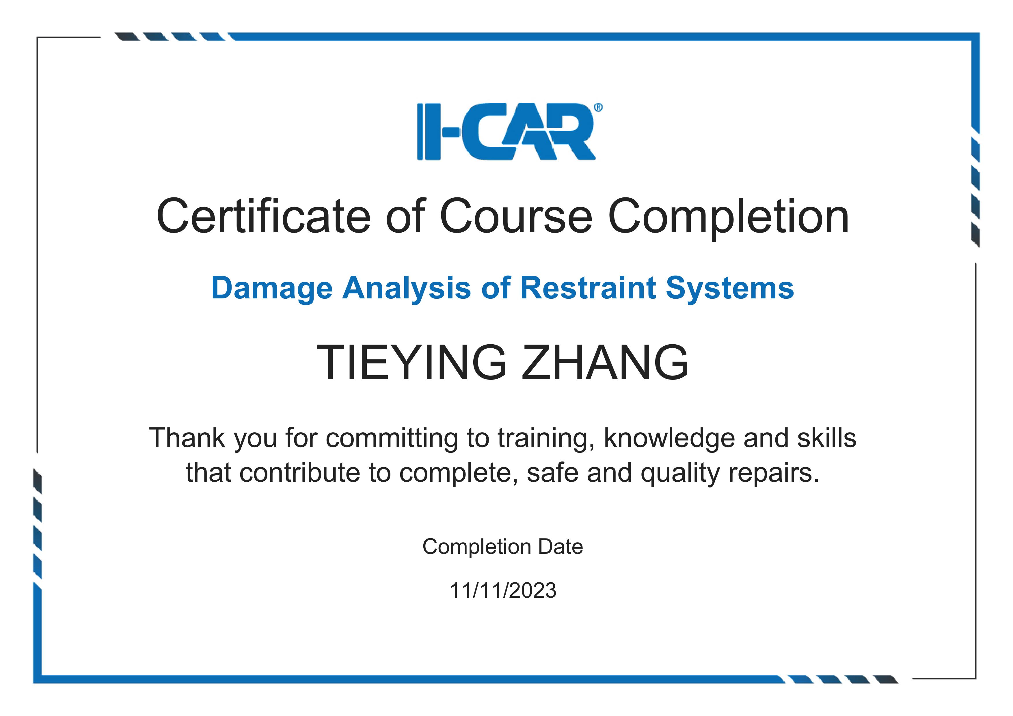 I-CAR certificate: Damage Analysis of Restraint Systems