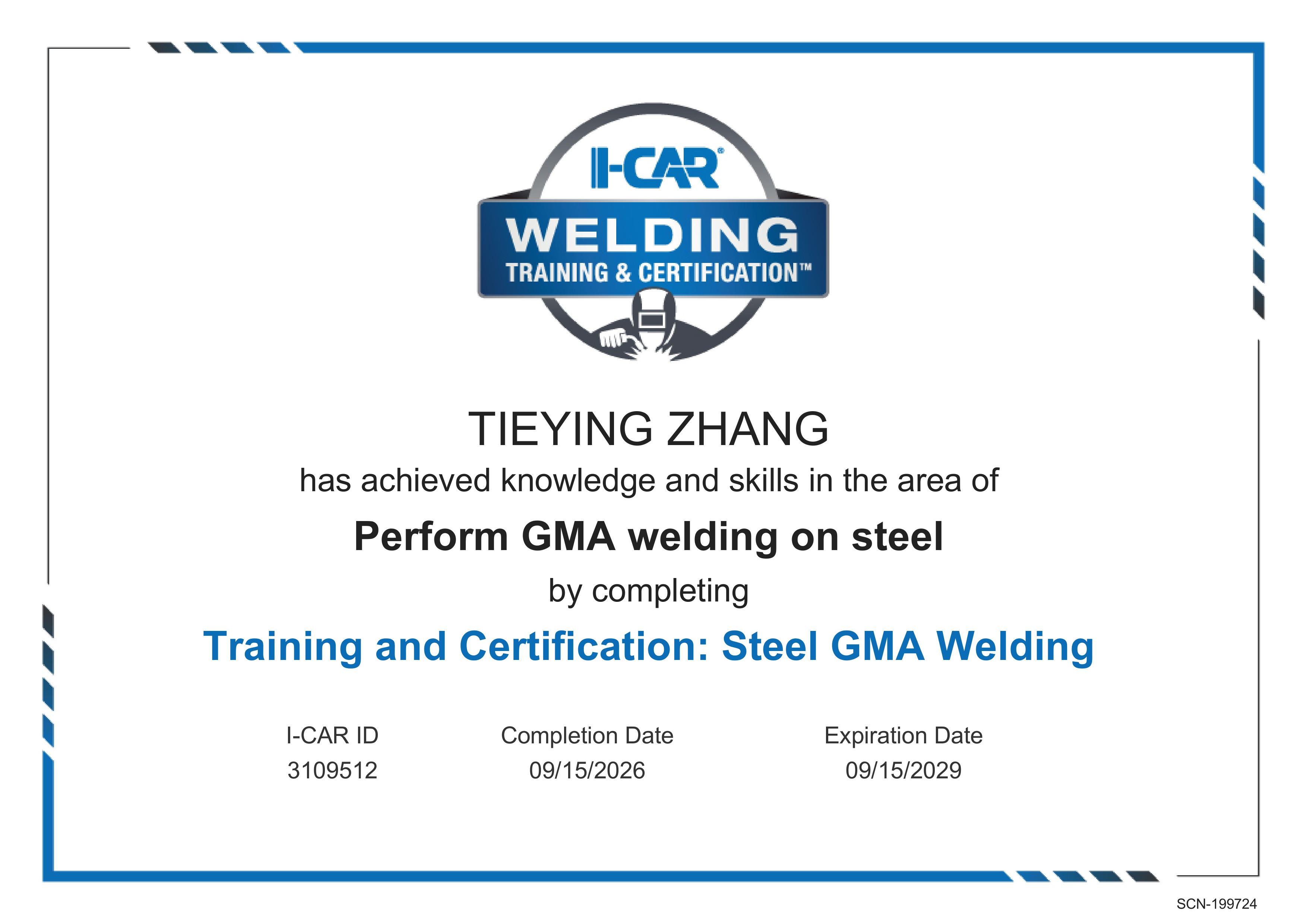 I-CAR certification: Steel GMA Welding